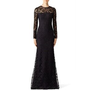 MONIQUE LHUILLIER Maxi Dress 12 Black Lace Tower Gown Crew Long Sleeve Formal‎